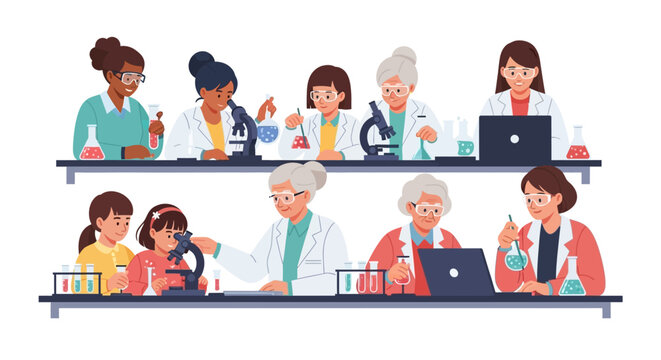 Illustration of diverse women and girls in science, working together in a lab setting with laptops, microscopes, and teamwork, celebrating International Day of Women and Girls in Science.