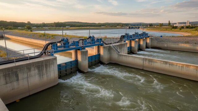 Medium shot focusing on automated water gates and runoff channels in a managed watershed to regulate water flow and reduce contamination.