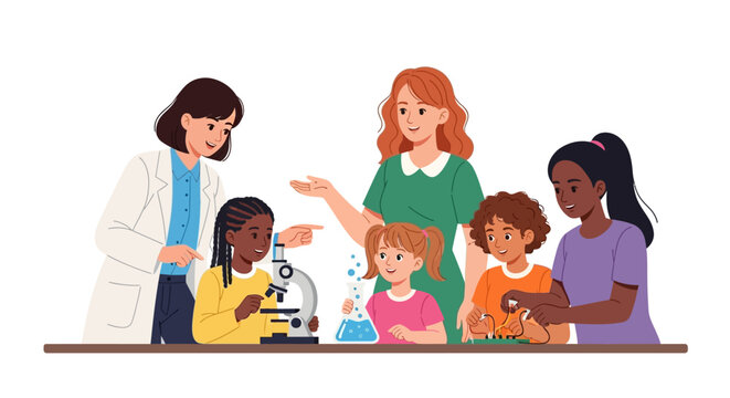 Illustration of diverse children and women in science, with a female scientist and teacher guiding students in a lab setting with a microscope on International Day of Women and Girls in