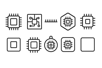 Fototapeta premium Computer microchip outline icon set: processor, circuit, technology icons in line art
