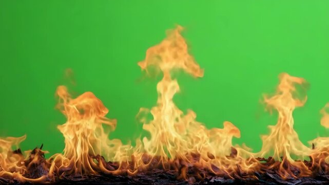 Flames rising from burning wood on green background for design and editorial use