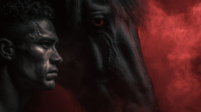 The black horse and a figher , red smoke is background , action cinematic mood.