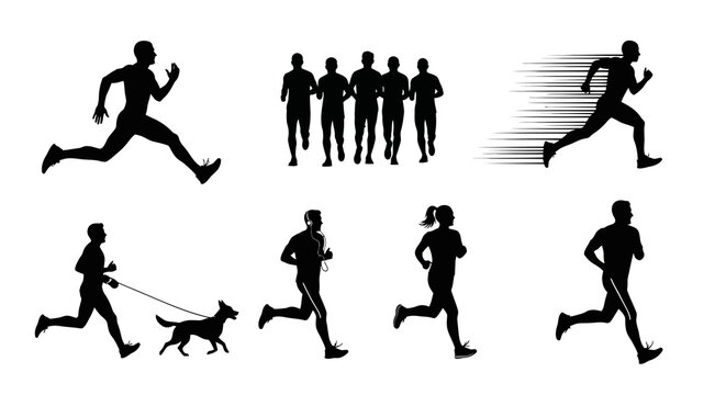 Athletic runner silhouette collection showing front view joggers and side profile sprinters with pet companions ideal for marathon posters and health center advertisements or sport themed social media