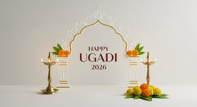 Happy Ugadi 2026 stage decoration white arch brass lamp oil diya marigold flower garland mango leaf background