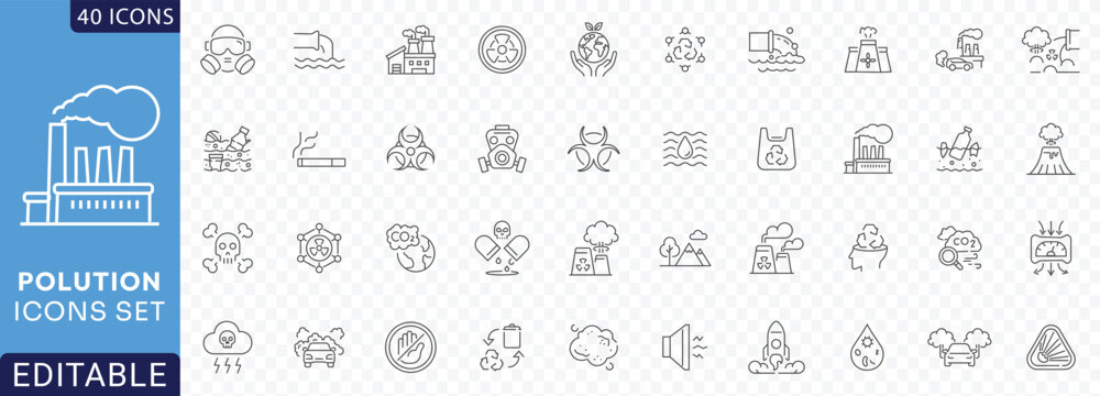 Pollution Line Editable Icons set. Containing Air Pollution, water Pollution, microplastic, trash, gas, toxic Etc. Fully Editable. Vector illustration.