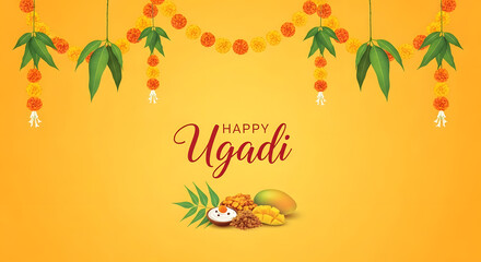 Naklejka premium Happy Ugadi celebration banner yellow background kalash pot coconut mango leaf neem branch floral rangoli design