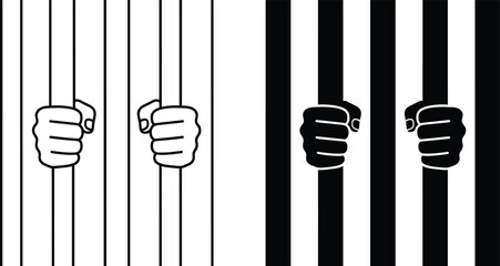 Prison bars silhouette illustration with hands gripping jail cells, symbol of captivity and injustice, human rights awareness concept, incarceration and freedom restriction theme