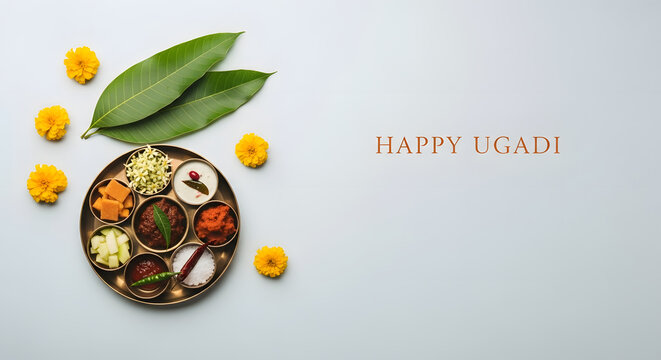 Happy Ugadi greeting banner white background traditional food plate mango leaf marigold flower symbolic taste recipe