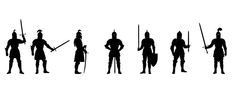 Knight standing poses collection vector silhouettes with swords for museum exhibit graphics educational history materials and fantasy art projects