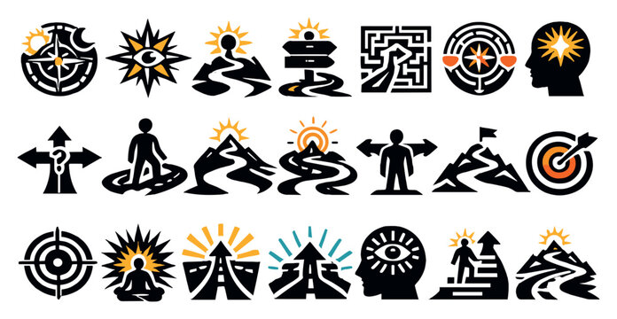 Compasses in Symbolism in bold style: spiritual compass, guiding star, life direction, moral compass, decision-making tool, inner guidance, purpose path, focus. Vector icons