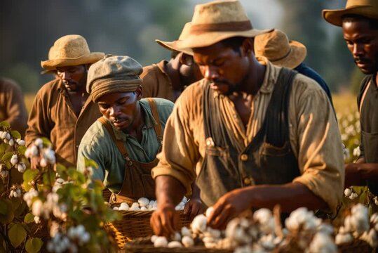 African slaves picking cotton on a plantation in the 19th century