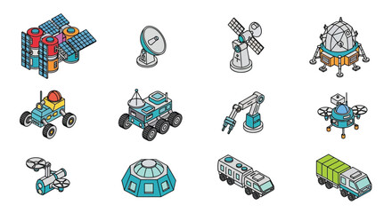 Isometric illustration of various space exploration and technology icons © Anjumanara Rakhi