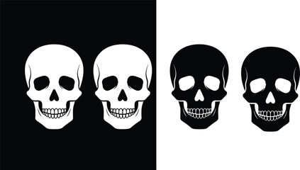 Obraz premium Skull illustration set, black and white contrast, stylized head design, symmetrical horror art, gothic iconography, spooky Halloween drawing, eerie skeletal concept