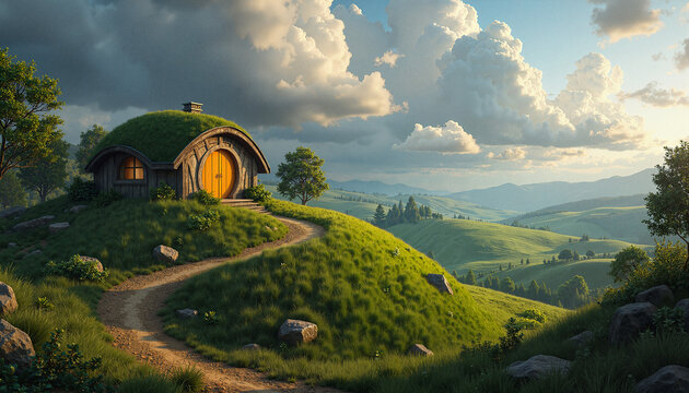 Charming hobbit house on grassy hill against scenic landscape
