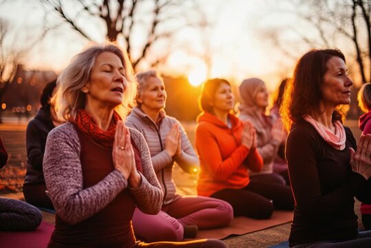 Senior people practicing yoga in a park in a group
