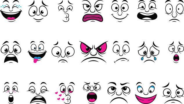 Unique vector illustration of Cartoon facial expressions. Comic faces with Groovy style, doodle eyebrows and mouth cartoon character design vector set. Character feeling sick, crying, and Smiling