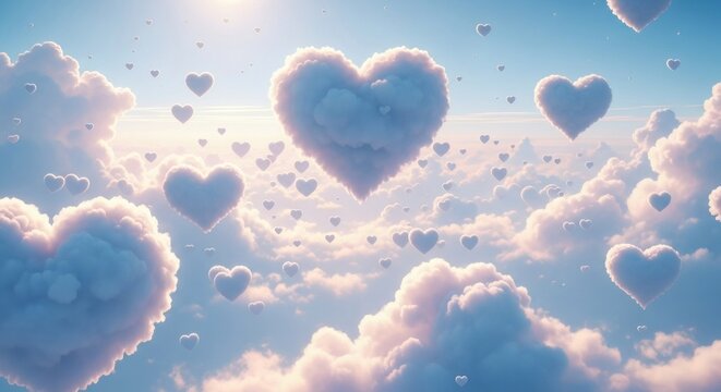 Heavenly cloud hearts in blue sky for magical valentines day theme