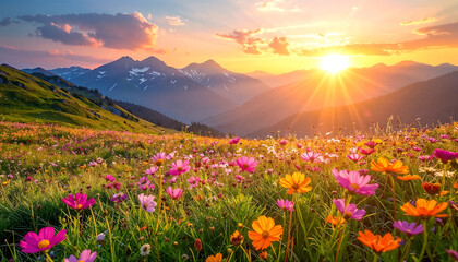 Obraz premium Wildflower field blooms during in the mountains at sunset.