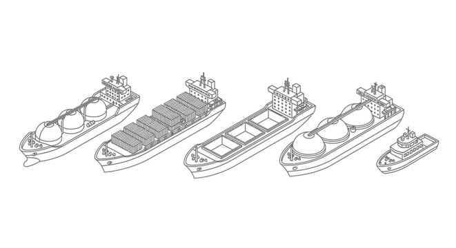 Line drawing of various cargo ships and tankers in a symmetrical arrangement