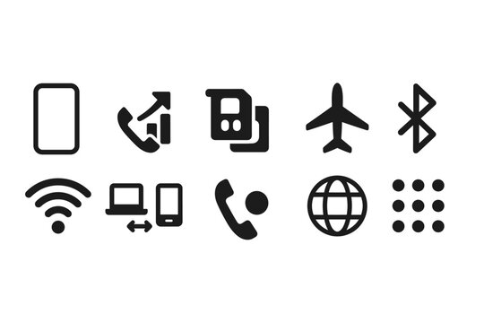 Communication and connectivity solid icon set. Phone, wi-fi, airplane, bluetooth icons.