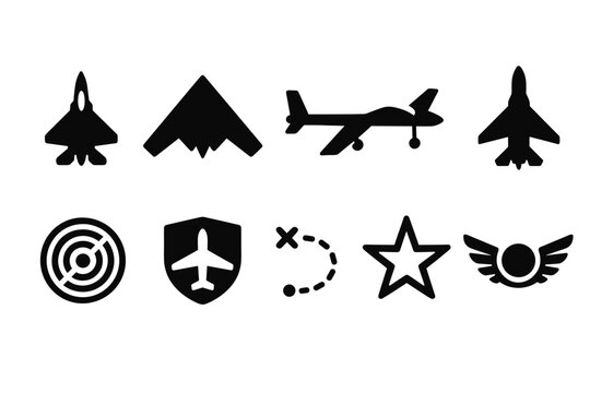 Military aircraft silhouette icon set: fighter jets, drones, symbols collection