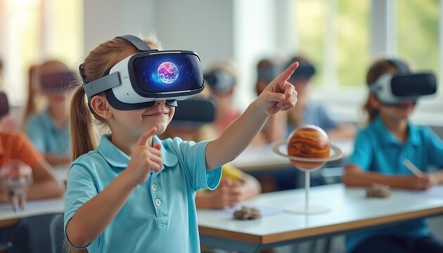 Young girl uses VR headset pointing at planets in futuristic classroom. Classmates learn with virtual reality tech. Future education engagement exploring space cosmos.