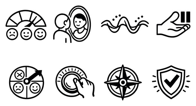 Self awareness and regulation in outline style: emotion meter, reflection mirror, breathing wave, impulse pause symbol, mood tracker, self control dial, clarity. Vector icons