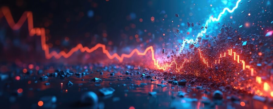 Abstract concept of financial market crash. Red and blue graphs fall apart with particles scattering around. Digital data decay illustration.