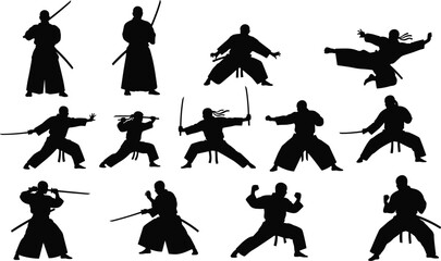Set of samurai warrior silhouettes in combat poses, Japanese ninja fighting with katana swords, martial arts action figures, isolated vector icons. © clickwavebd