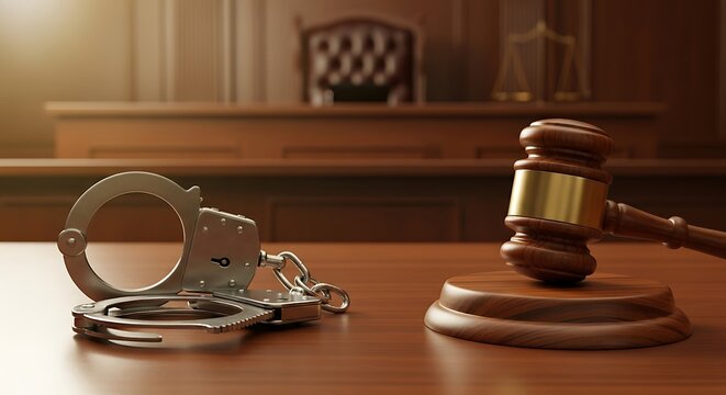 Handcuffs and gavel on a courtroom table symbolizing justice and law