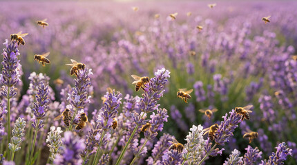 Obraz premium Bees pollinating vibrant lavender flowers in a lush field during sunset, showcasing nature's beauty and the importance of pollinators in agriculture