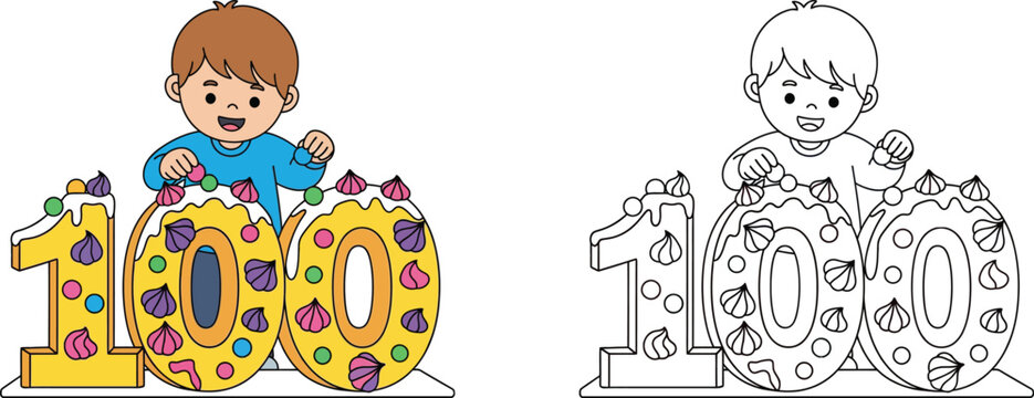 Happy Cartoon Boy Celebrating 100 Days with Festive Number Cake Decoration