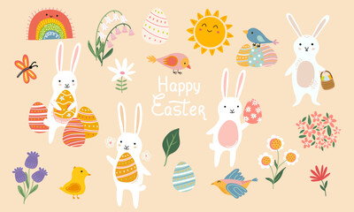 Mega Easter clip art set with cute bunnies, colorful eggs, and spring flowers. Hand-drawn holiday collection for nursery decor, greeting cards, and DIY craft projects. Vector illustration