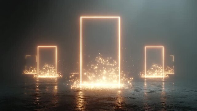 Glowing rectangular frames with sparks on water surface in dark room