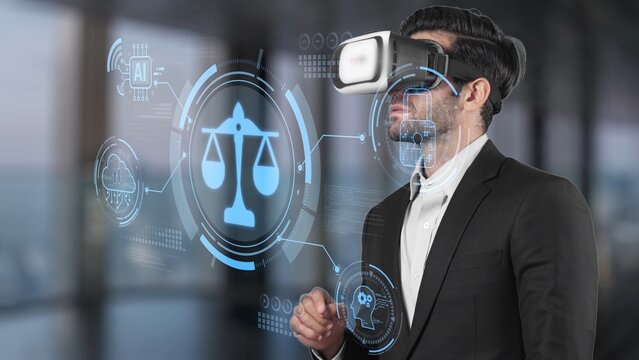 A businessman wearing virtual reality goggles engages with legal analysis tools in a modern office, exploring innovative solutions for decision-making and client interactions. Raster
