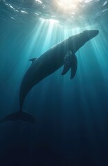 Giant whale swims deep underwater. Sunbeams pierce blue ocean water surface. Large marine mammal in dark abyss. Ocean life majestic creature.