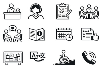 Tenant Support Services in outline style: help desk counter, support agent headset, complaint form, mediation table, counseling icon, information brochure. Vector icons