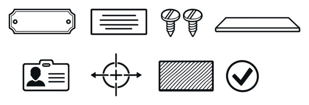 Name plates overview in outline style: name plate sign, engraved text, mounting screws, surface backing, identification label, alignment guide, finish texture. Vector icons