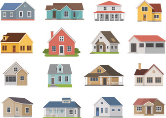 Naklejka premium House illustrations, residential buildings, architecture styles, modern homes, traditional houses, colorful vector, property design, real estate graphics, urban planning, construction