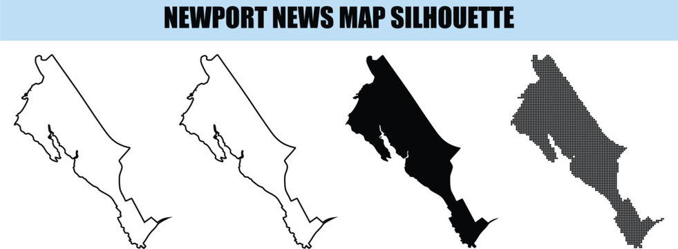 Newport news map silhouette collection featuring city borders in solid black and outlined vector graphics for designers