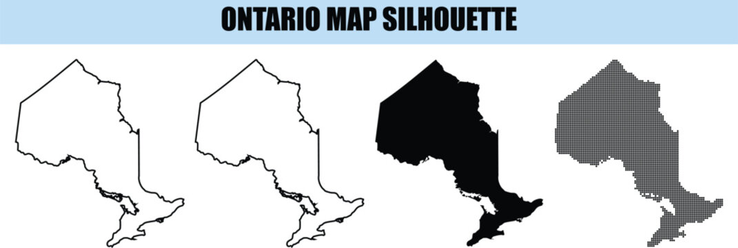 Ontario map silhouette graphics collection with provincial borders in black fill and outlined styles for canadian designs