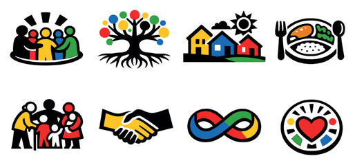 Community and belonging in bold style: community gathering, family tree roots, neighborhood houses, shared meal plate, intergenerational figures, mutual support. Vector icons