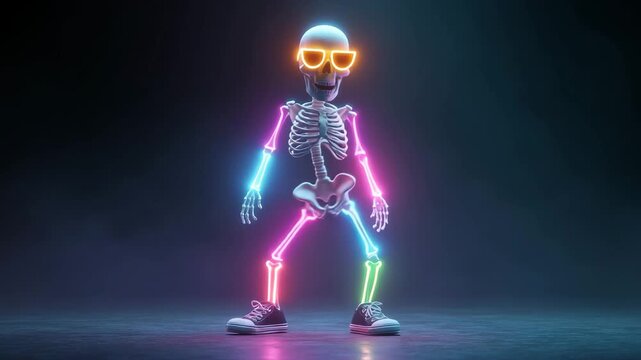 A skeleton wearing sunglasses and sneakers with neon lights on its body standing on a dark background