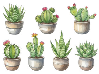 Cactus and succulent in potted set, houseplant in watercolor illustration isolated background	