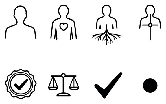 Core identity and being in outline style: true self silhouette, heart center, grounding root, balance axis, authenticity seal, minimal form, alignment checkmark. Vector icons