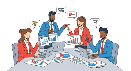 Diverse team collaborating on business strategy with charts and laptops