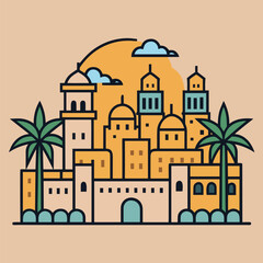 Fototapeta premium a colorful illustration depicts a stylized middle eastern city skyline with domes buildings palm trees and a warm sunset backdrop