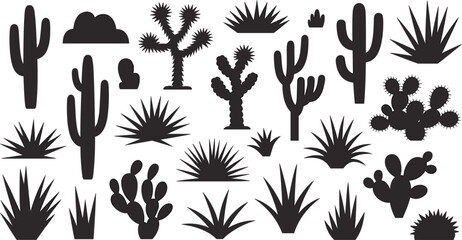 Assortment Of Black Silhouette Desert Plants Including Cacti And Agave cactus succulent © MdShahin