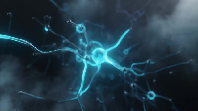 Abstract representation of a glowing blue neuron with branching dendrites and axon, illustrating neural network activity and brain function in a scientific concept