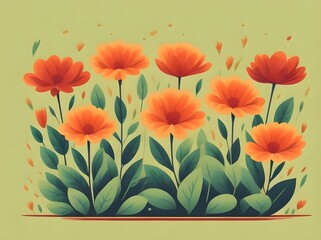 Orange flowers in the green garden on a light green background 